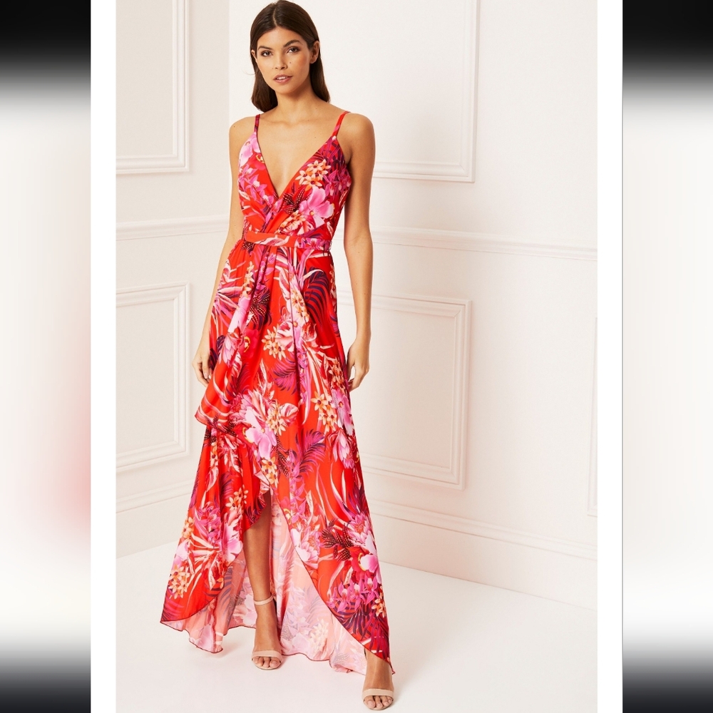 Lipsy Red Tropical Resortwear Ruched V neck,Straps Asymetrical High Low …